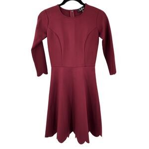 Lulu's Red Maroon Wine Cumulonimbus Clouds 3/4 Sleeve Scallop Hem Skater Dress